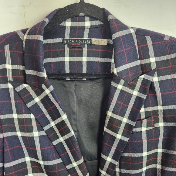 Alice + Olivia Savetta Plaid Windowpane Lamb Leather Elbows Blazer Navy Large - Picture 6 of 16